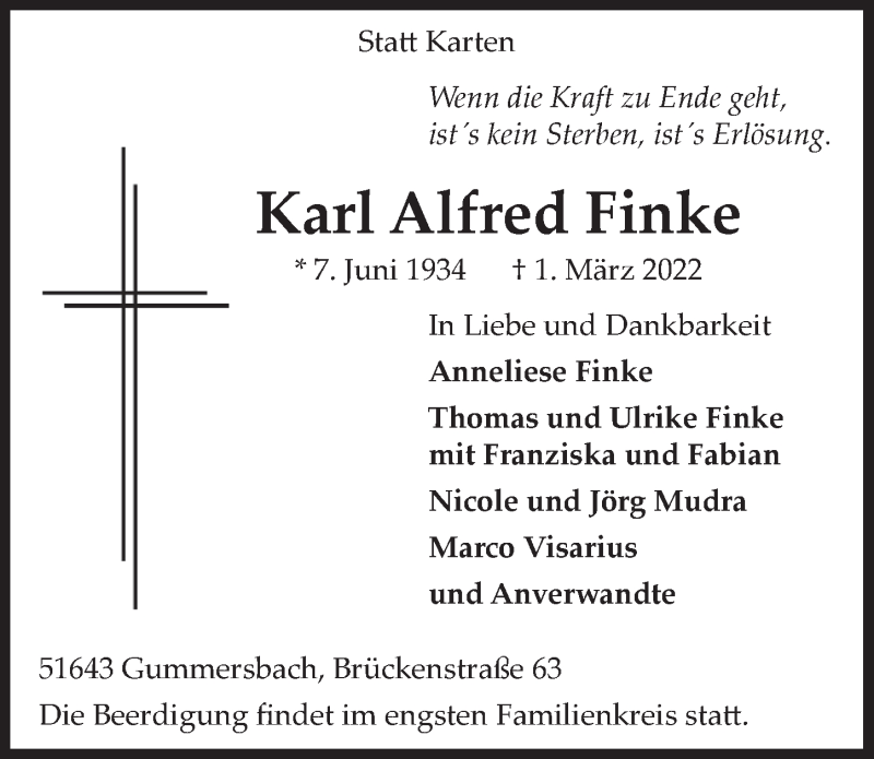  Traueranzeige für Karl Alfred Finke vom 04.03.2022 aus  Anzeigen Echo 