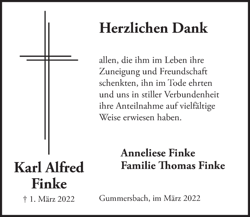  Traueranzeige für Karl Alfred Finke vom 25.03.2022 aus  Anzeigen Echo 