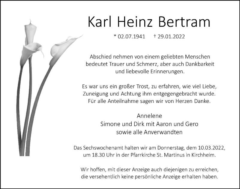  Traueranzeige für Karl Heinz Bertram vom 05.03.2022 aus  Blickpunkt Euskirchen 