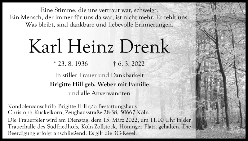  Traueranzeige für Karl Heinz Drenk vom 12.03.2022 aus Kölner Stadt-Anzeiger / Kölnische Rundschau / Express
