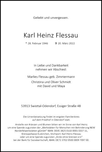 Anzeige von Karl Heinz Flessau von Kölner Stadt-Anzeiger / Kölnische Rundschau / Express