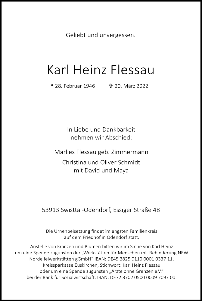  Traueranzeige für Karl Heinz Flessau vom 26.03.2022 aus Kölner Stadt-Anzeiger / Kölnische Rundschau / Express