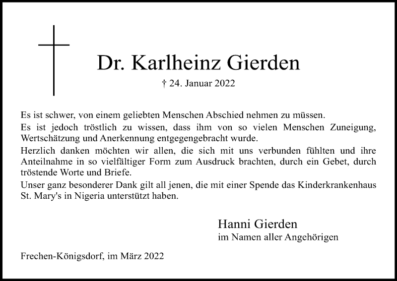  Traueranzeige für Karlheinz Gierden vom 12.03.2022 aus Kölner Stadt-Anzeiger / Kölnische Rundschau / Express