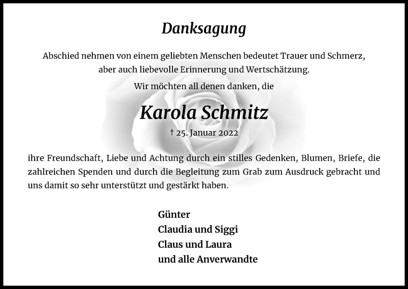 Traueranzeige für Karola Schmitz vom 12.03.2022 aus Kölner Stadt-Anzeiger / Kölnische Rundschau / Express