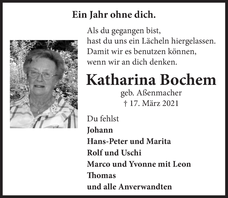  Traueranzeige für Katharina Bochem vom 11.03.2022 aus  Schlossbote/Werbekurier 
