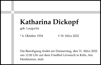 Anzeige von Katharina Dickopf von Kölner Stadt-Anzeiger / Kölnische Rundschau / Express