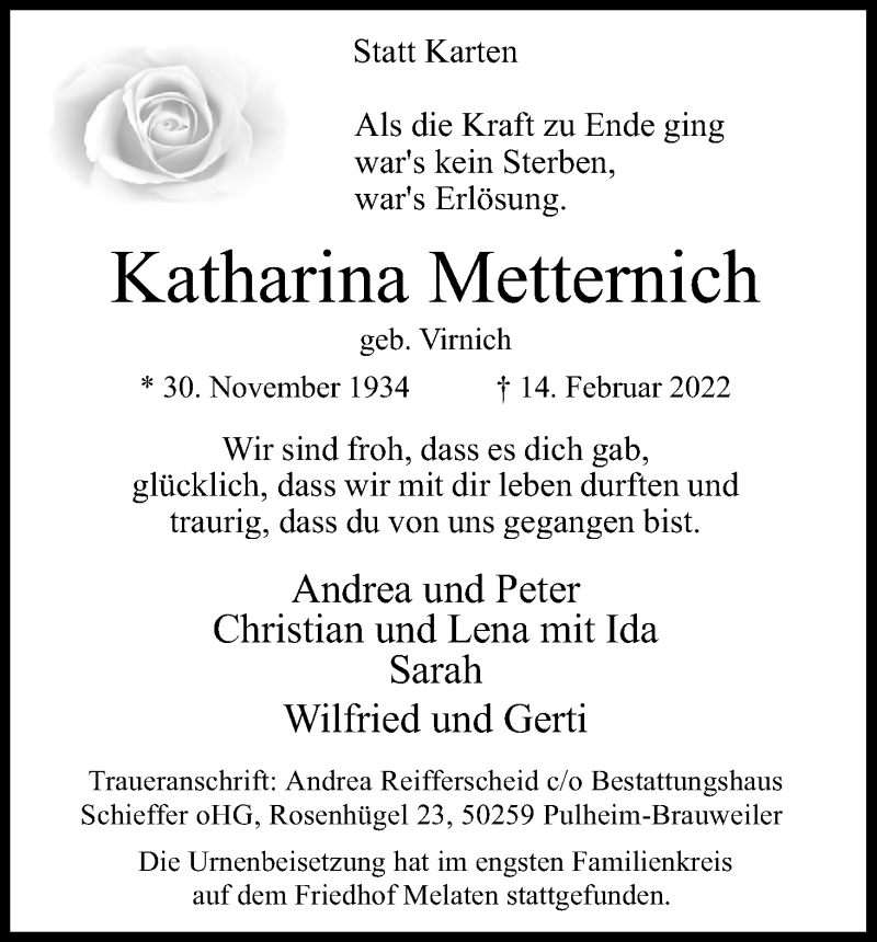  Traueranzeige für Katharina Metternich vom 05.03.2022 aus Kölner Stadt-Anzeiger / Kölnische Rundschau / Express