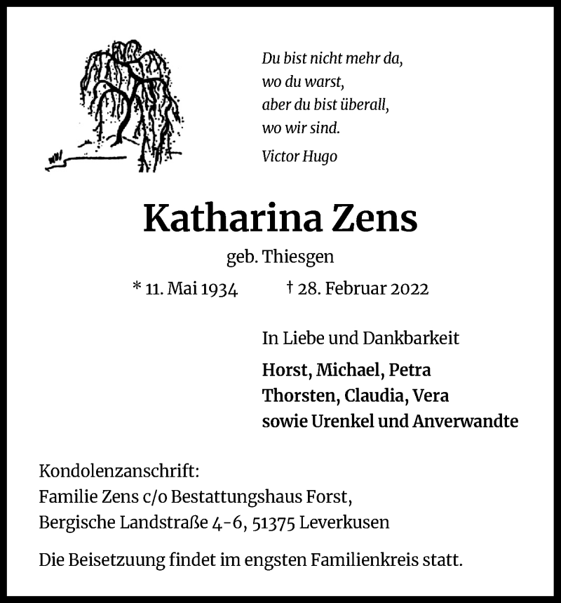  Traueranzeige für Katharina Zens vom 11.03.2022 aus Kölner Stadt-Anzeiger / Kölnische Rundschau / Express
