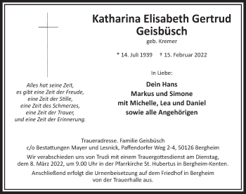 Anzeige von Katharina Elisabeth Gertrud Geisbüsch von  Werbepost 