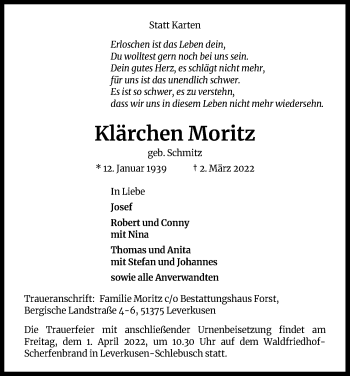 Anzeige von Klärchen Moritz von Kölner Stadt-Anzeiger / Kölnische Rundschau / Express