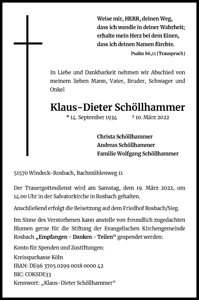  Traueranzeige für Klaus-Dieter Schöllhammer vom 16.03.2022 aus Kölner Stadt-Anzeiger / Kölnische Rundschau / Express