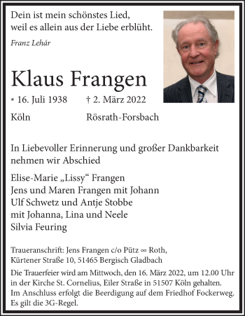 Anzeige von Klaus Frangen von Kölner Stadt-Anzeiger / Kölnische Rundschau / Express