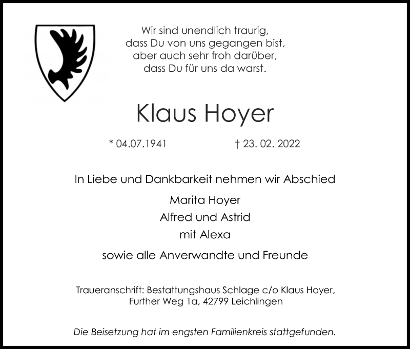  Traueranzeige für Klaus Hoyer vom 05.03.2022 aus Kölner Stadt-Anzeiger / Kölnische Rundschau / Express