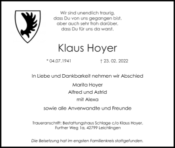 Anzeige von Klaus Hoyer von Kölner Stadt-Anzeiger / Kölnische Rundschau / Express