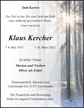 Anzeige von Klaus Kercher von Kölner Stadt-Anzeiger / Kölnische Rundschau / Express