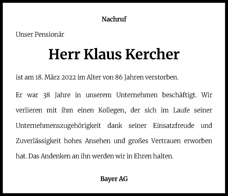  Traueranzeige für Klaus Kercher vom 31.03.2022 aus Kölner Stadt-Anzeiger / Kölnische Rundschau / Express