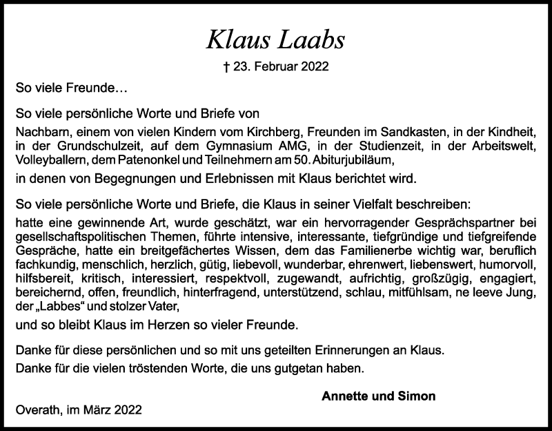  Traueranzeige für Klaus Laabs vom 19.03.2022 aus Kölner Stadt-Anzeiger / Kölnische Rundschau / Express