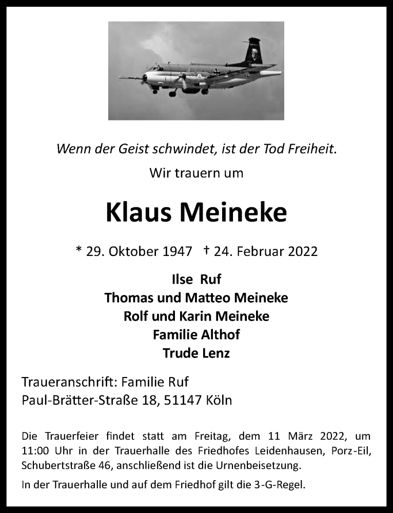  Traueranzeige für Klaus Meineke vom 04.03.2022 aus  EXPRESS - Die Woche 