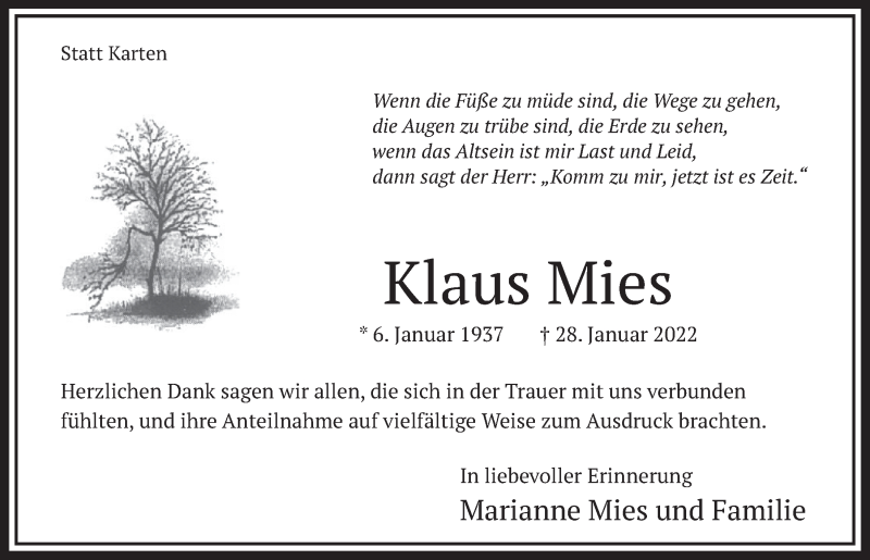 Traueranzeige für Klaus Mies vom 04.03.2022 aus  Werbepost 