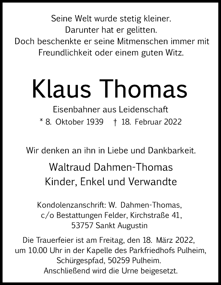  Traueranzeige für Klaus Thomas vom 05.03.2022 aus Kölner Stadt-Anzeiger / Kölnische Rundschau / Express