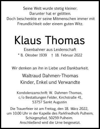 Anzeige von Klaus Thomas von Kölner Stadt-Anzeiger / Kölnische Rundschau / Express