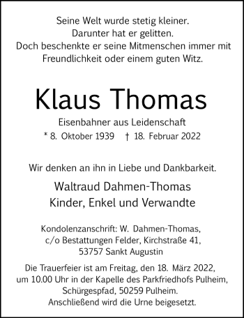 Anzeige von Klaus Thomas von  Wochenende 