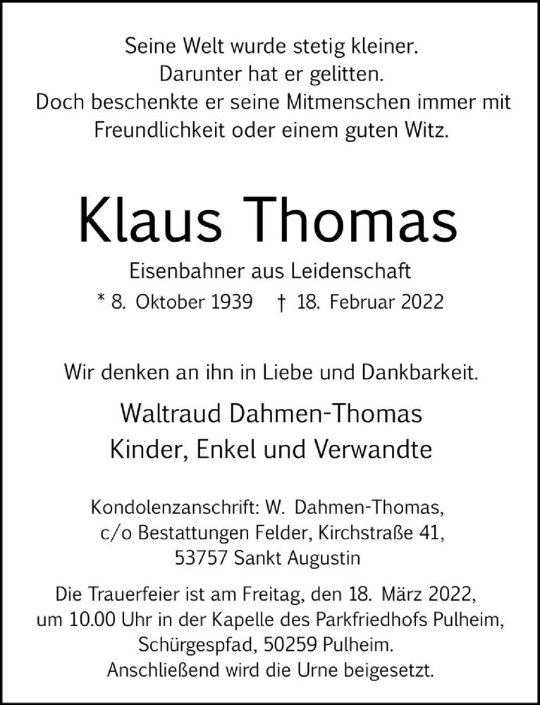  Traueranzeige für Klaus Thomas vom 11.03.2022 aus  Wochenende 