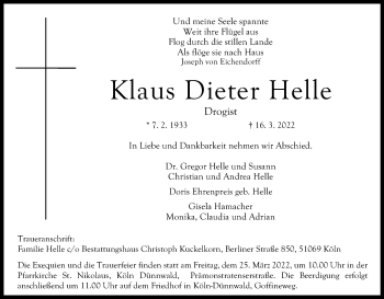 Anzeige von Klaus Dieter Helle von Kölner Stadt-Anzeiger / Kölnische Rundschau / Express