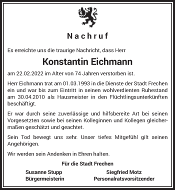 Anzeige von Konstantin Eichmann von  Wochenende 