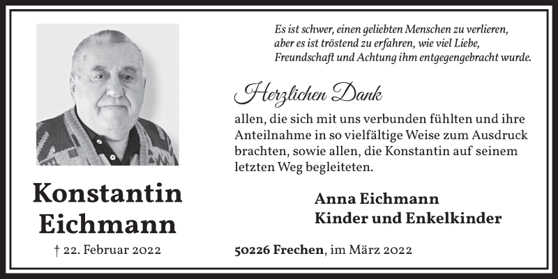  Traueranzeige für Konstantin Eichmann vom 11.03.2022 aus  Wochenende 