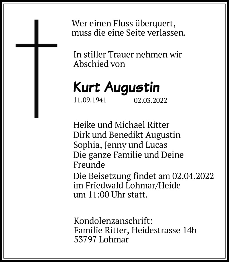 Traueranzeige für Kurt Augustin vom 18.03.2022 aus  EXPRESS - Die Woche 