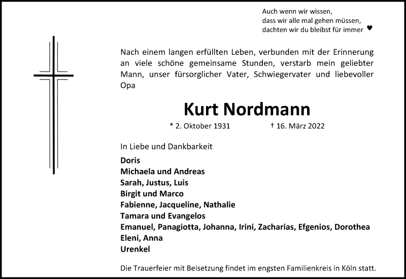  Traueranzeige für Kurt Nordmann vom 23.03.2022 aus Kölner Stadt-Anzeiger / Kölnische Rundschau / Express