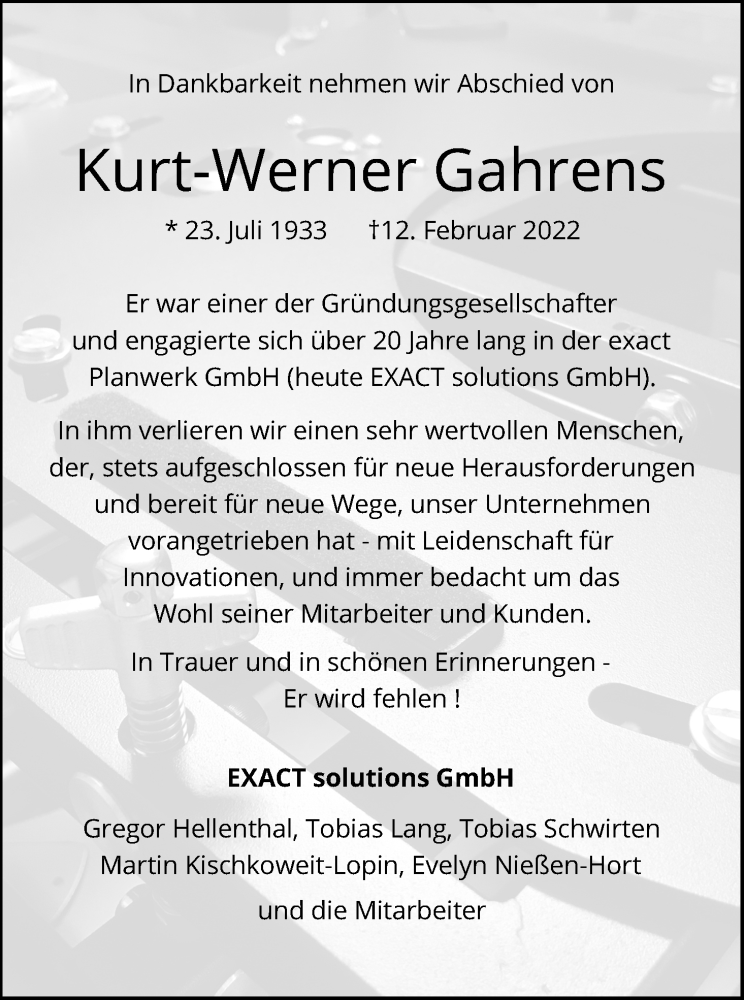  Traueranzeige für Kurt-Werner Gahrens vom 05.03.2022 aus Kölner Stadt-Anzeiger / Kölnische Rundschau / Express