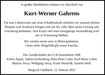 Anzeige von Kurt-Werner Gahrens von Kölner Stadt-Anzeiger / Kölnische Rundschau / Express