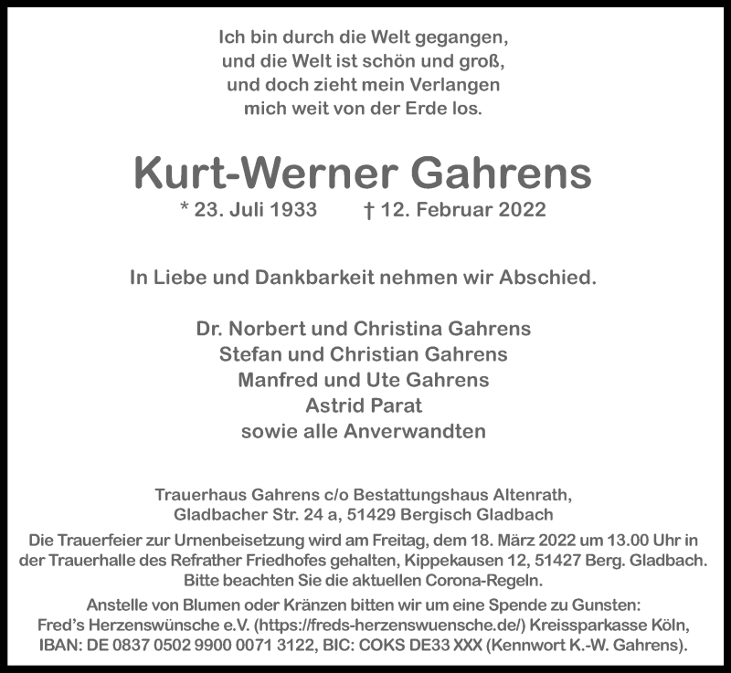 Traueranzeige für Kurt-Werner Gahrens vom 05.03.2022 aus Kölner Stadt-Anzeiger / Kölnische Rundschau / Express