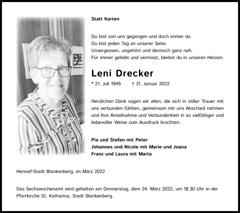  Traueranzeige für Leni Drecker vom 12.03.2022 aus Kölner Stadt-Anzeiger / Kölnische Rundschau / Express