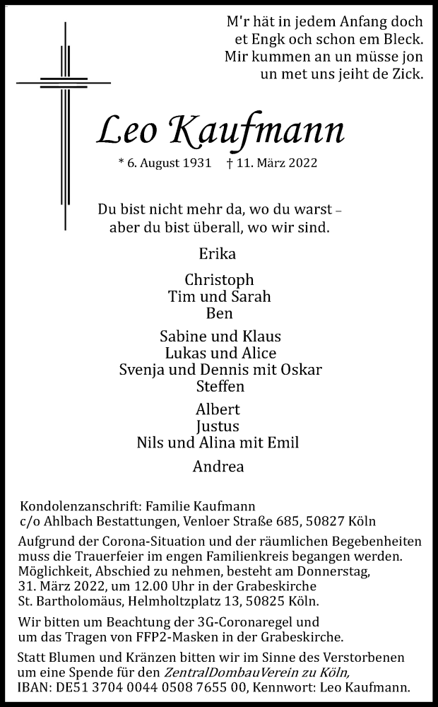  Traueranzeige für Leo Kaufmann vom 26.03.2022 aus Kölner Stadt-Anzeiger / Kölnische Rundschau / Express