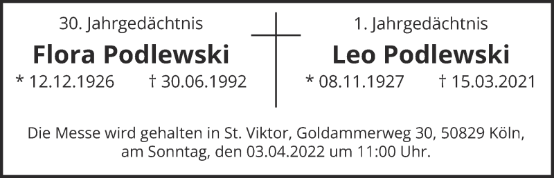  Traueranzeige für Leo Podlewski vom 25.03.2022 aus  EXPRESS - Die Woche 