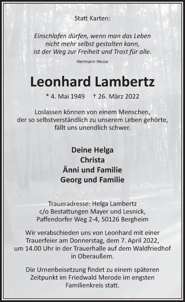  Traueranzeige für Leonhard Lambertz vom 01.04.2022 aus  Werbepost 