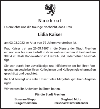 Anzeige von Lidia Kaiser von  Wochenende 