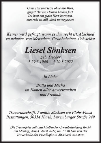 Anzeige von Liesel Sönksen von  Wochenende 