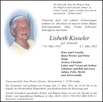 Anzeige von Lisbeth Kisseler von Kölner Stadt-Anzeiger / Kölnische Rundschau / Express