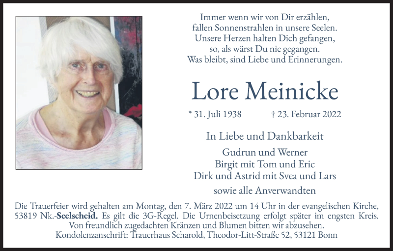  Traueranzeige für Lore Meinicke vom 05.03.2022 aus Kölner Stadt-Anzeiger / Kölnische Rundschau / Express