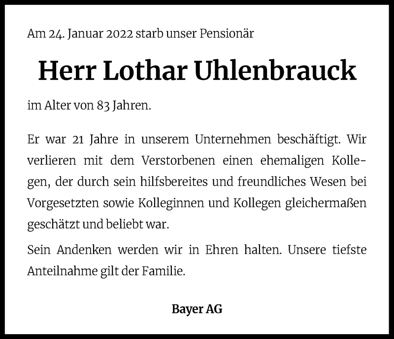  Traueranzeige für Lothar Uhlenbrauck vom 25.03.2022 aus Kölner Stadt-Anzeiger / Kölnische Rundschau / Express