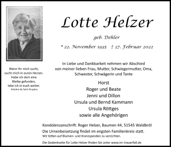 Anzeige von Lotte Helzer von  Lokalanzeiger 