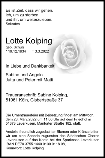 Anzeige von Lotte Kolping von Kölner Stadt-Anzeiger / Kölnische Rundschau / Express