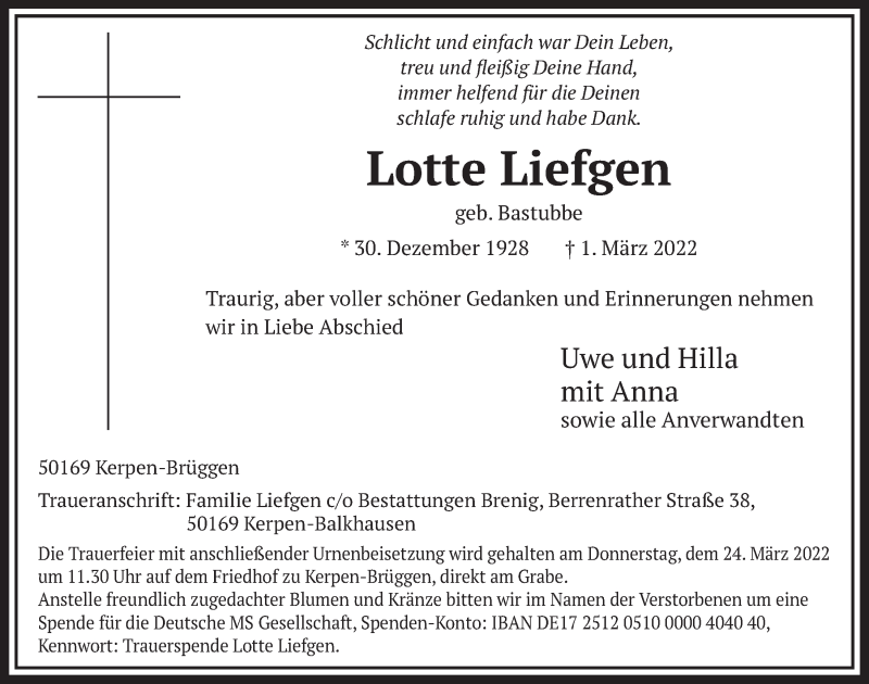  Traueranzeige für Lotte Liefgen vom 18.03.2022 aus  Werbepost 