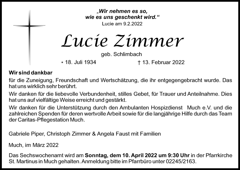  Traueranzeige für Lucie Zimmer vom 26.03.2022 aus Kölner Stadt-Anzeiger / Kölnische Rundschau / Express