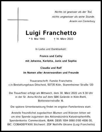 Anzeige von Luigi Franchetto von Kölner Stadt-Anzeiger / Kölnische Rundschau / Express
