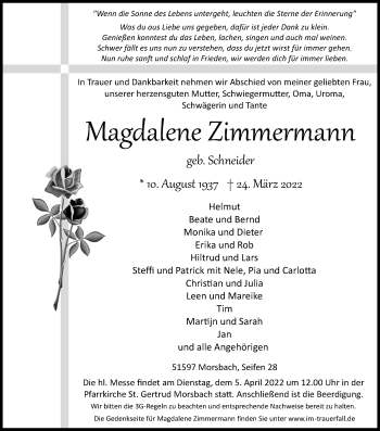 Anzeige von Magdalene Zimmermann von Kölner Stadt-Anzeiger / Kölnische Rundschau / Express